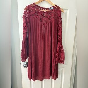 J Gee babydoll lace crochet mini dress size large bell sleeve Merlot red